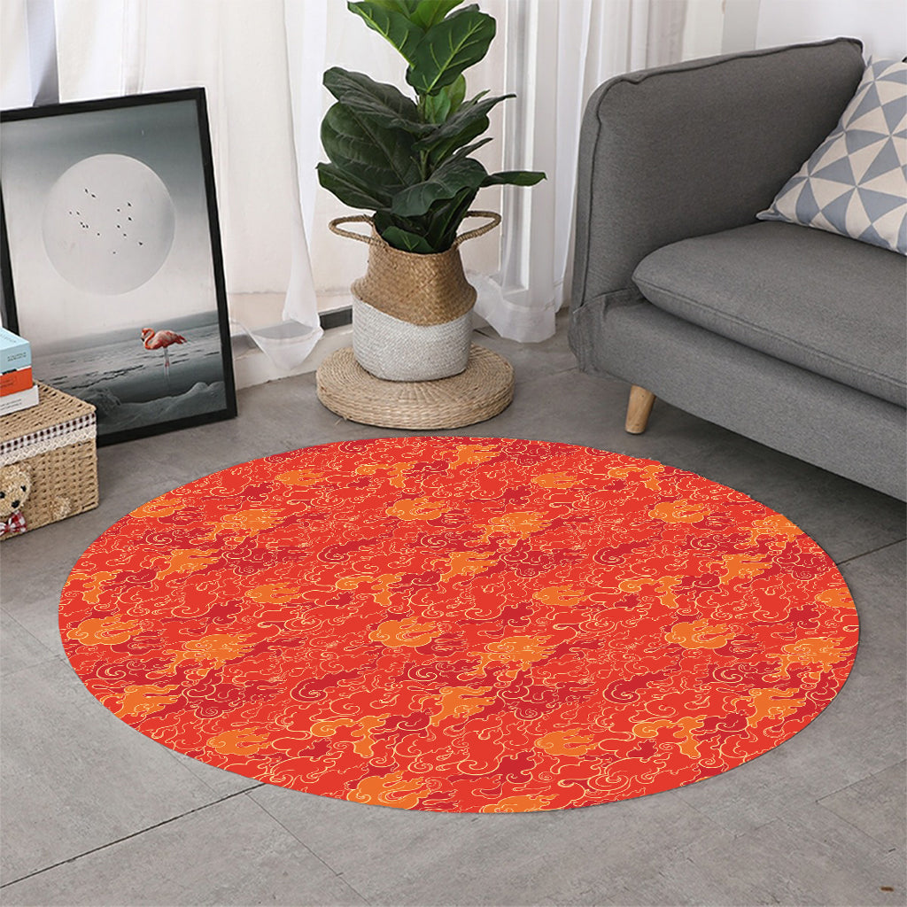 Burning Japanese Flame Pattern Print Round Rug