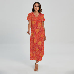 Burning Japanese Flame Pattern Print Short Sleeve Maxi Dress