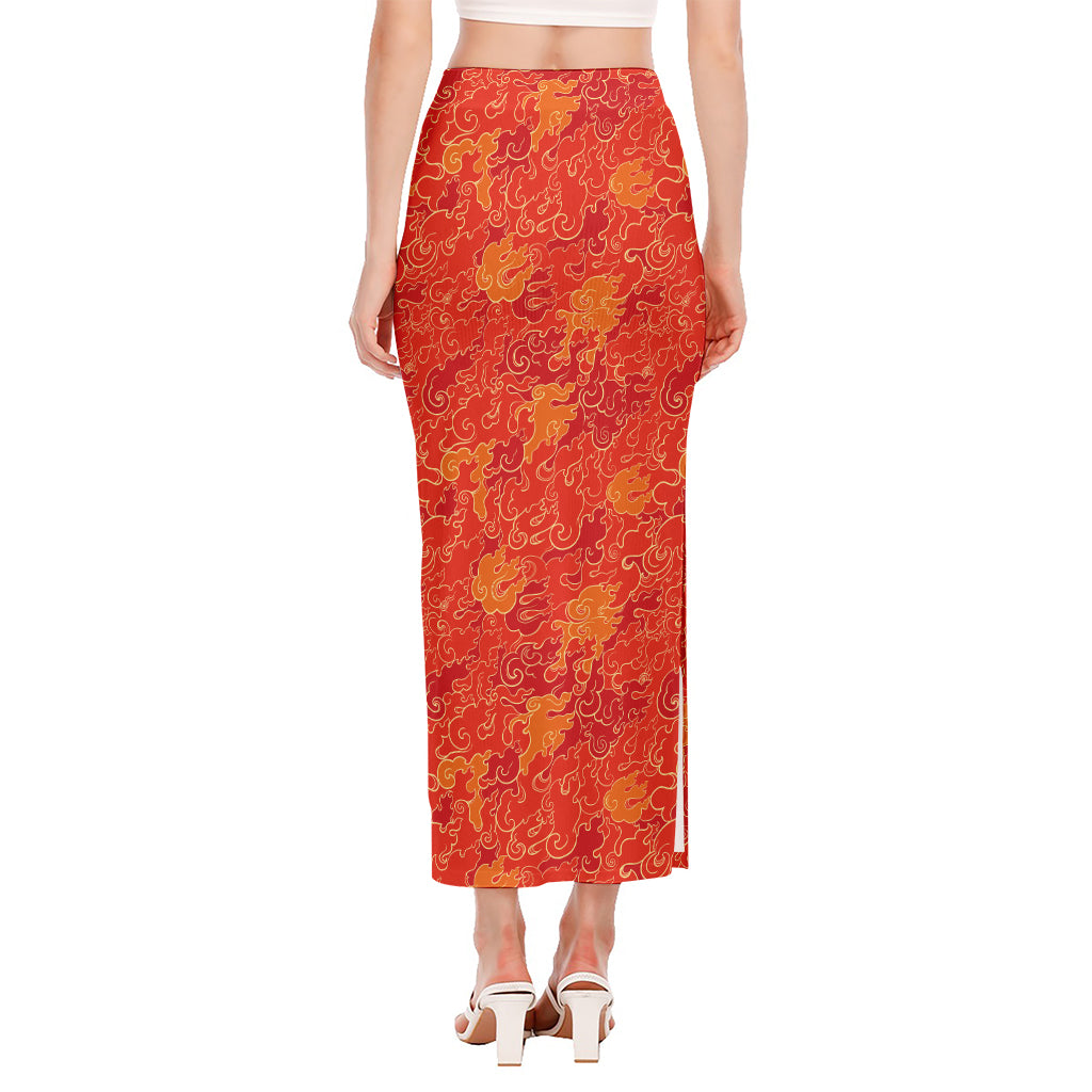 Burning Japanese Flame Pattern Print Side Slit Maxi Skirt