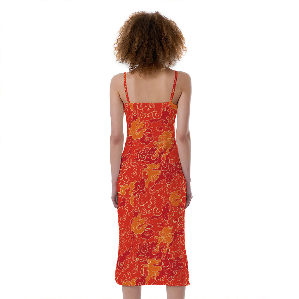 Burning Japanese Flame Pattern Print Slim Fit Midi Cami Dress