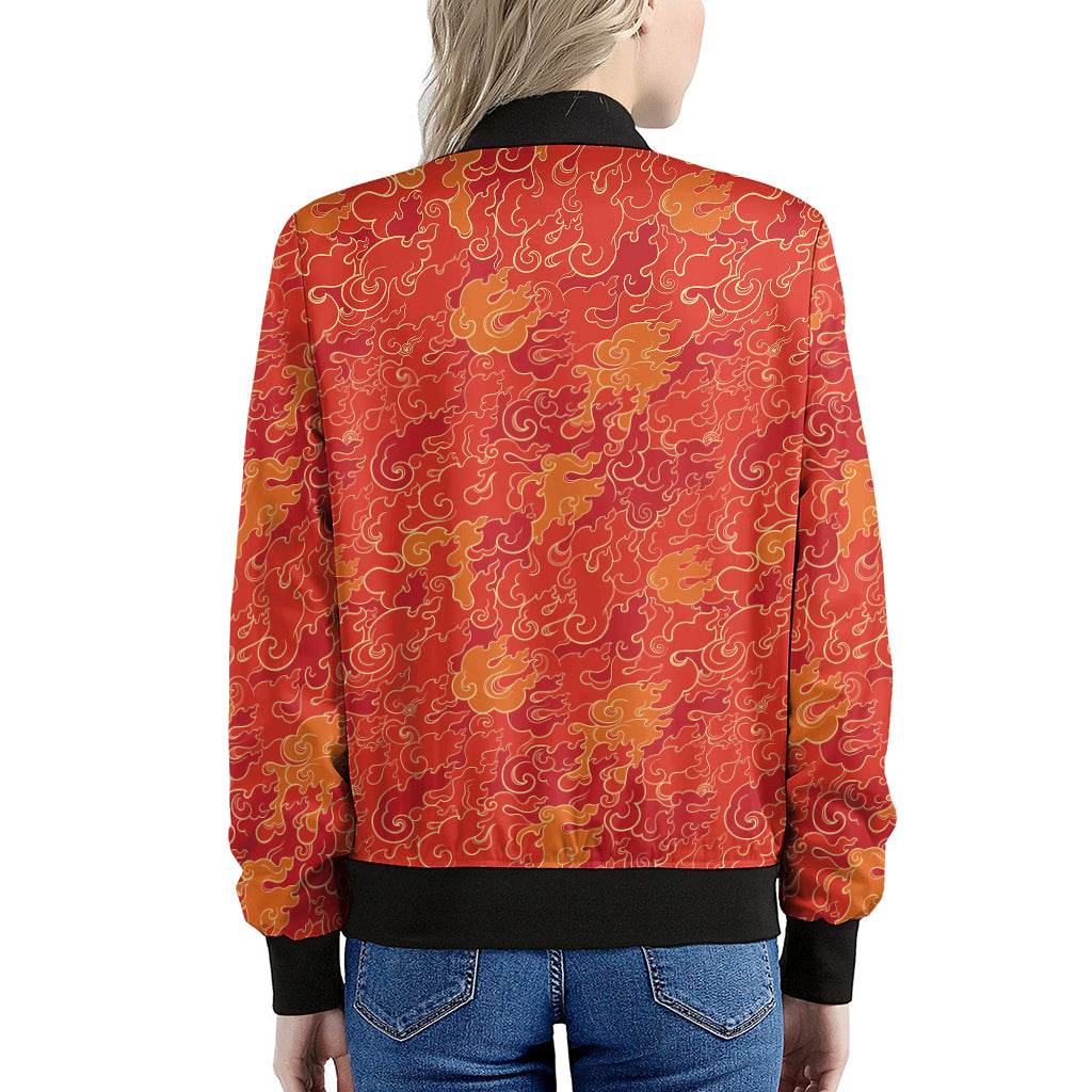 Burning Japanese Flame Pattern Print Women's Bomber Jacket