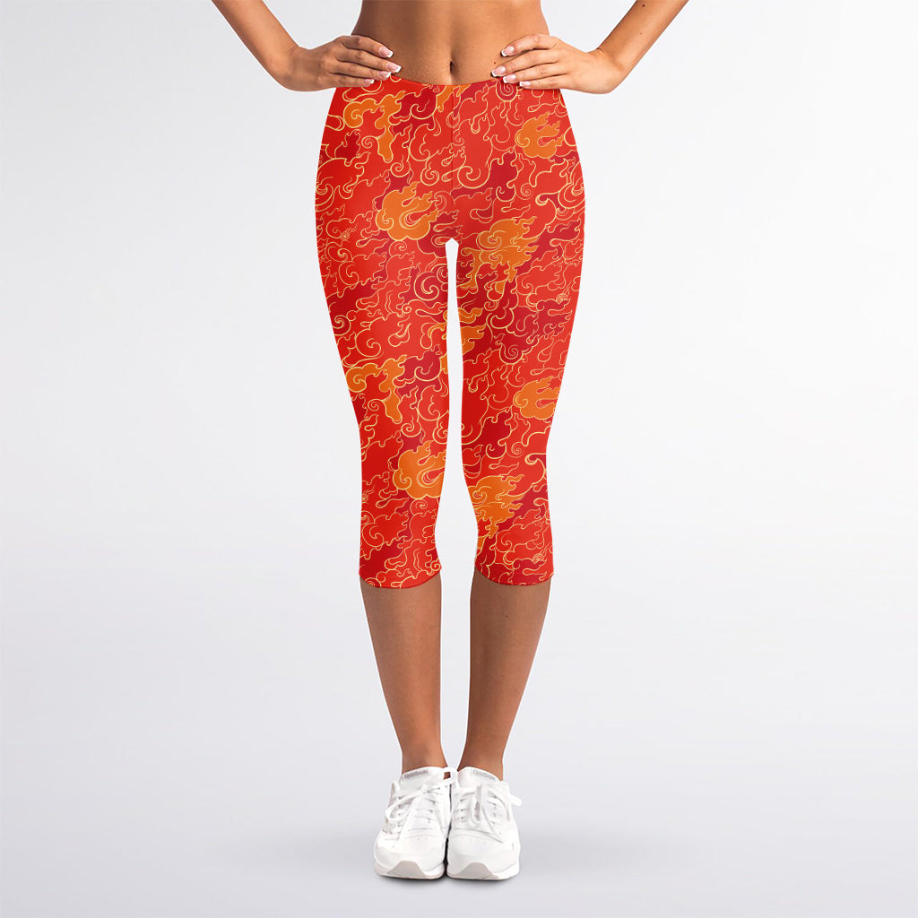 Burning Japanese Flame Pattern Print Women's Capri Leggings