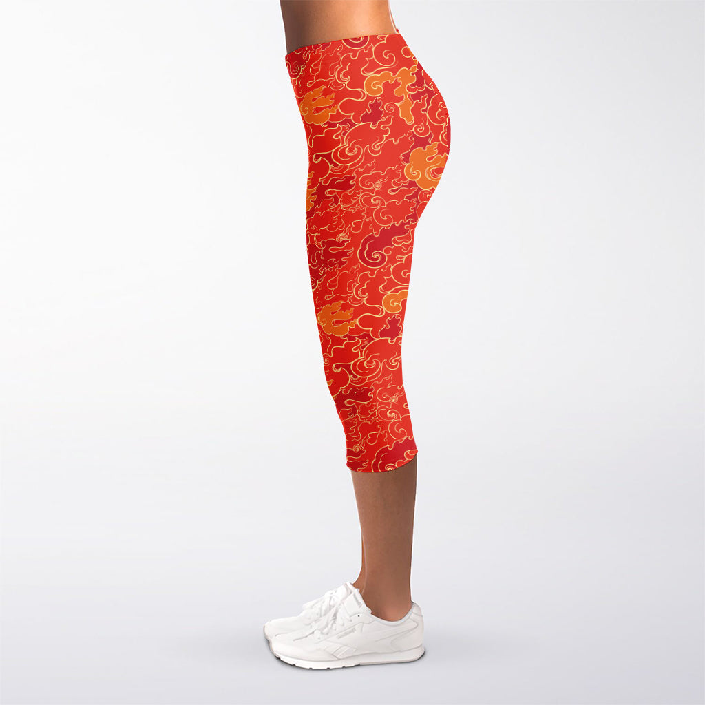 Burning Japanese Flame Pattern Print Women's Capri Leggings