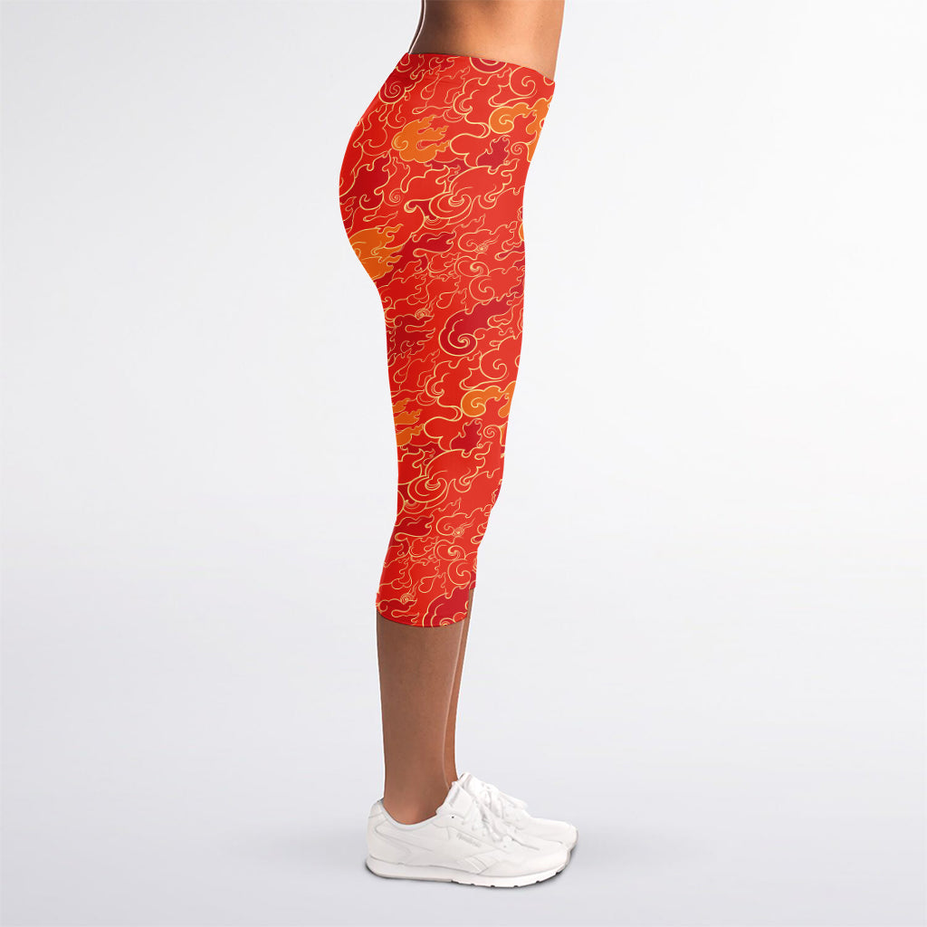 Burning Japanese Flame Pattern Print Women's Capri Leggings