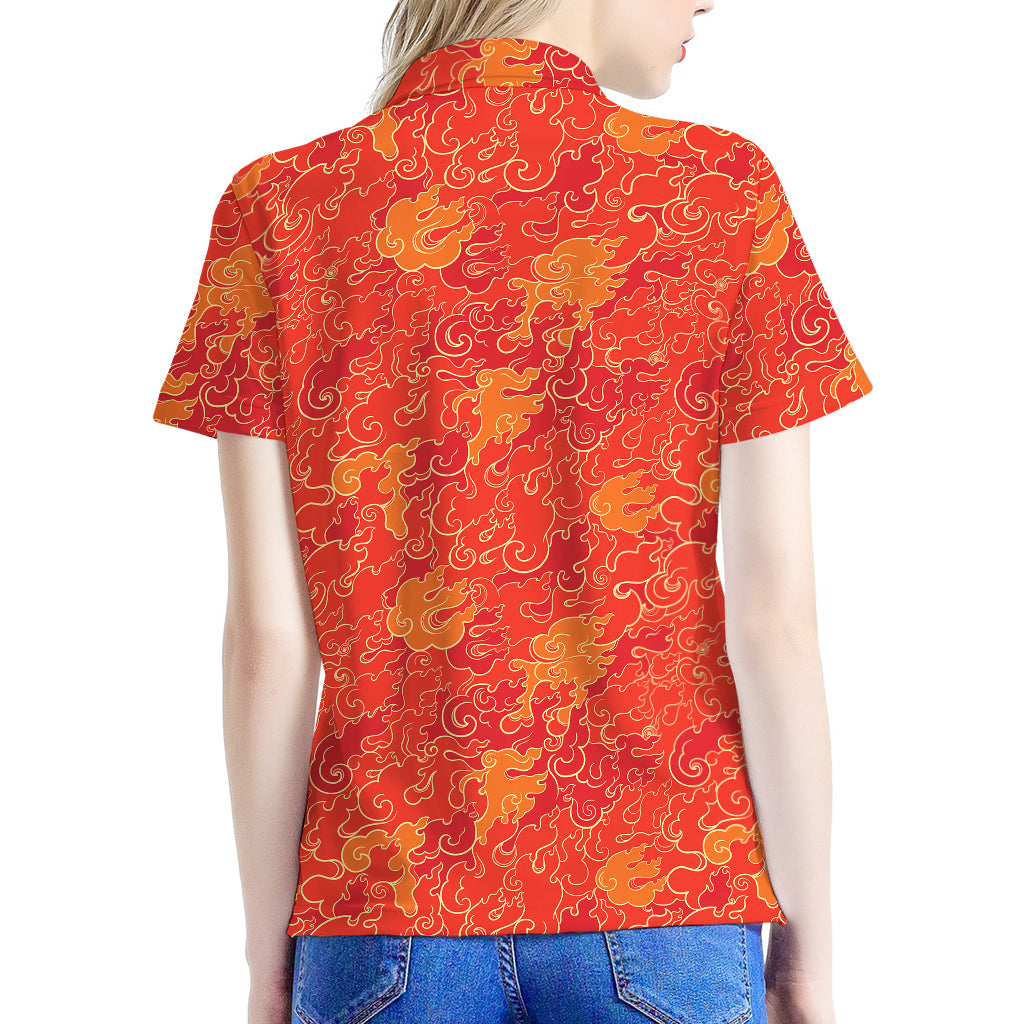 Burning Japanese Flame Pattern Print Women's Polo Shirt