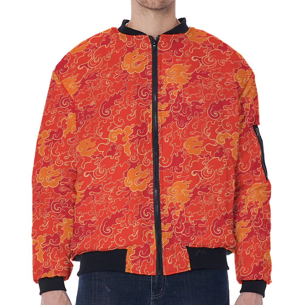 Burning Japanese Flame Pattern Print Zip Sleeve Bomber Jacket