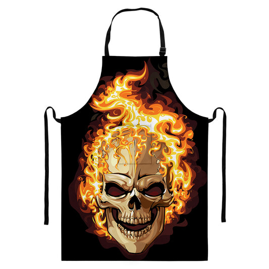 Burning Skull Print Bib Apron With Pocket