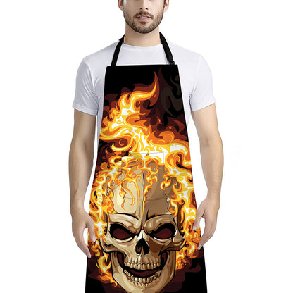 Burning Skull Print Bib Apron With Pocket