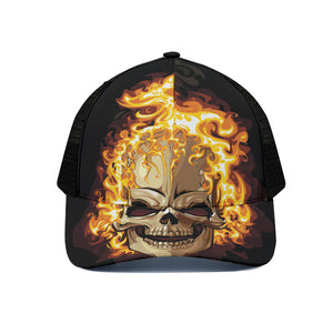 Burning Skull Print Black Mesh Trucker Cap