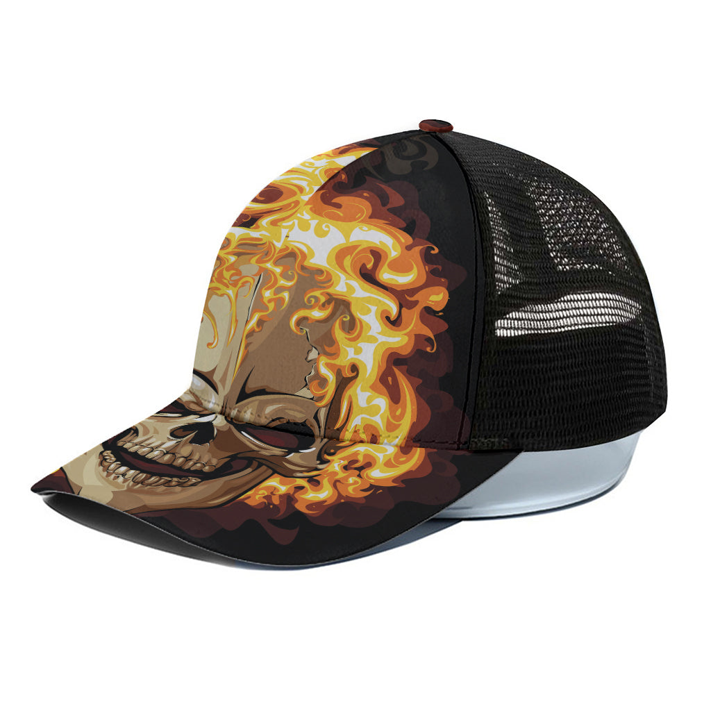 Burning Skull Print Black Mesh Trucker Cap