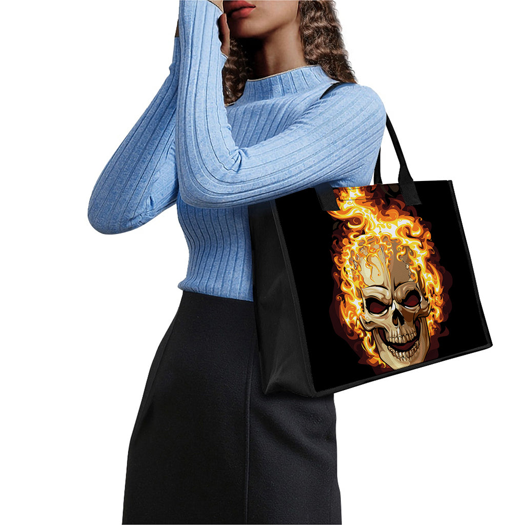Burning Skull Print Canvas Tote Bag