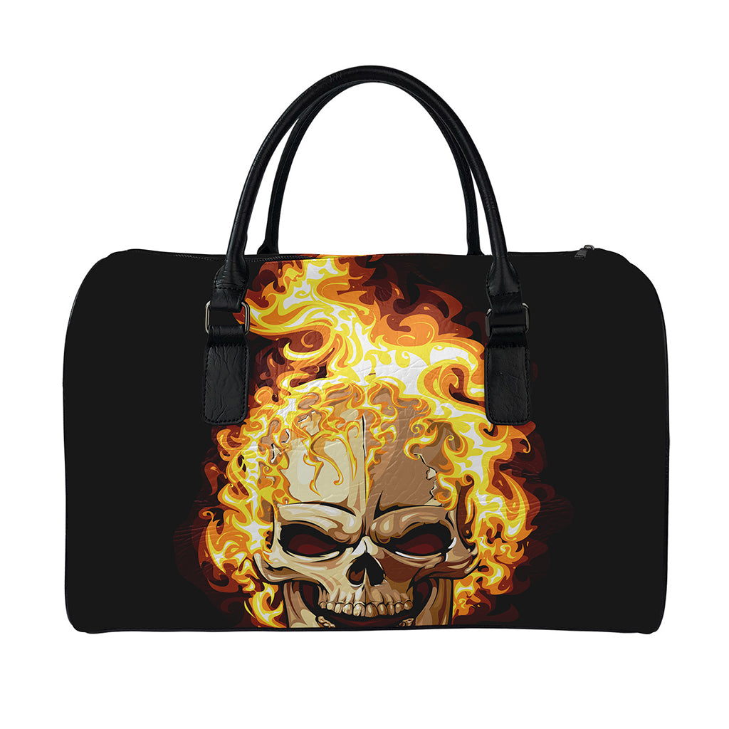 Burning Skull Print Leather Duffle Bag