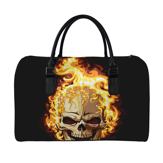 Burning Skull Print Leather Duffle Bag