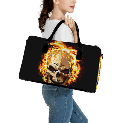 Burning Skull Print Leather Duffle Bag