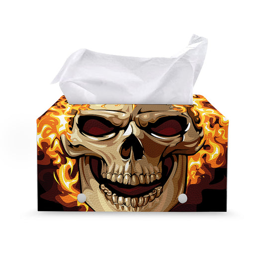 Burning Skull Print Leather Tissue Box Cover