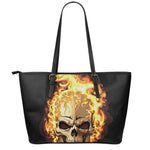 Burning Skull Print Leather Tote Bag