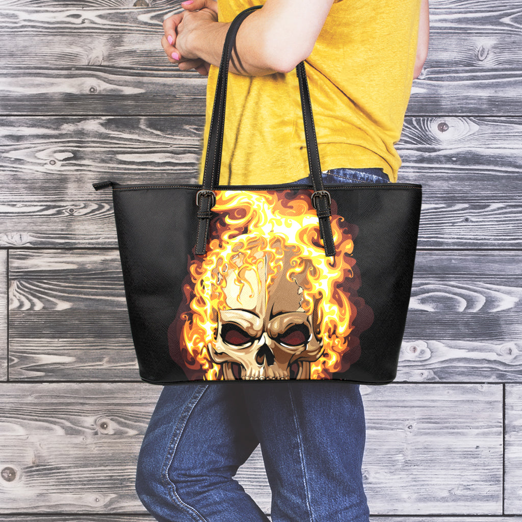 Burning Skull Print Leather Tote Bag