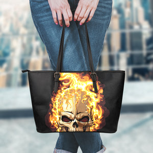 Burning Skull Print Leather Tote Bag