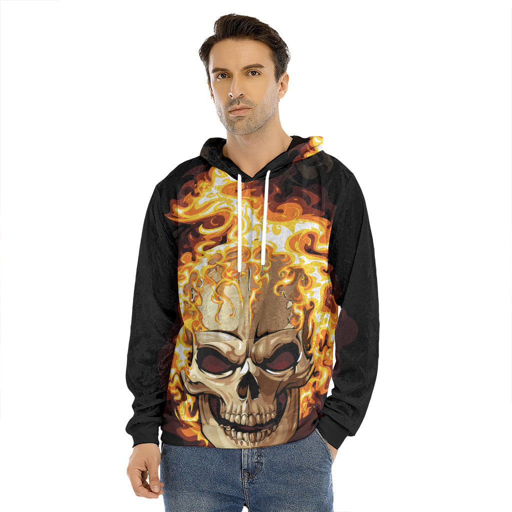 Burning Skull Print Men's Velvet Pullover Hoodie