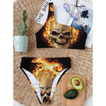 Burning Skull Print One Shoulder Bikini Top