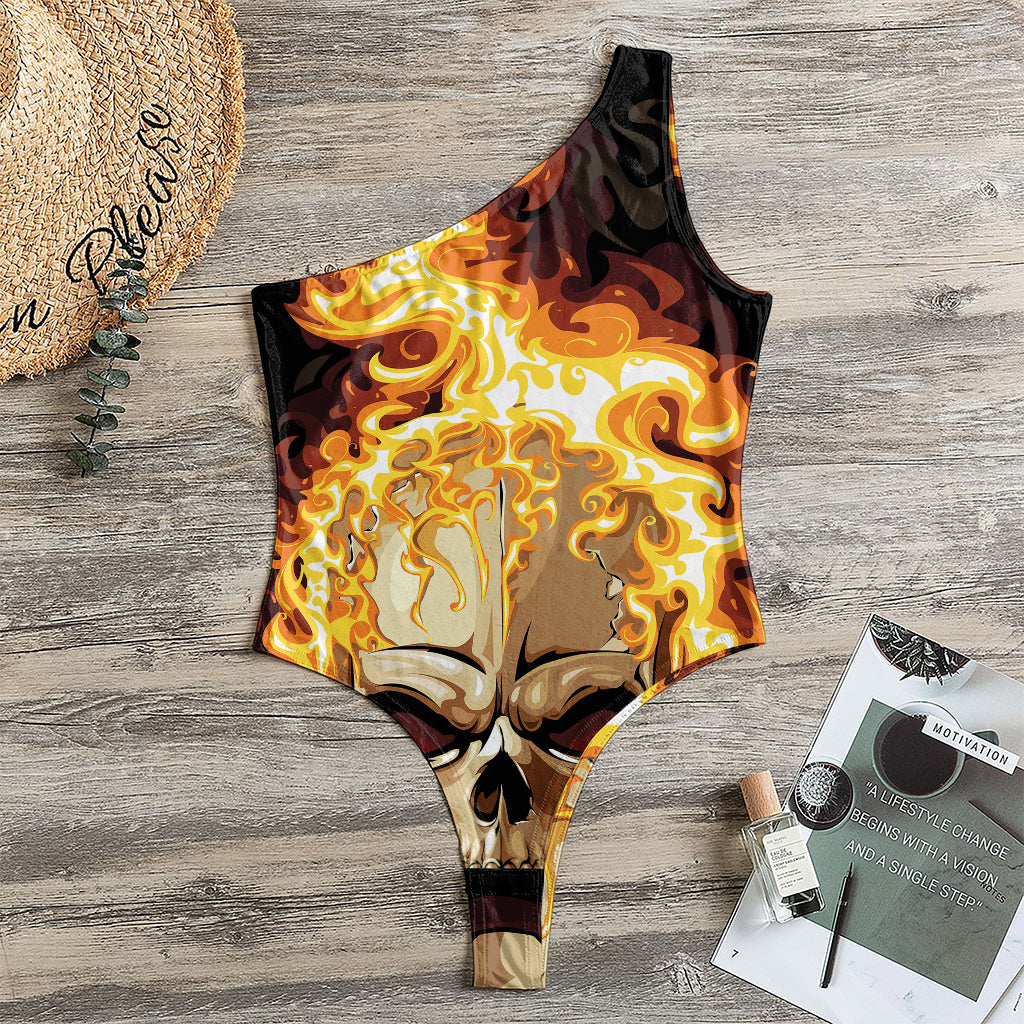 Burning Skull Print One Shoulder Bodysuit