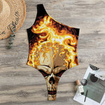 Burning Skull Print One Shoulder Bodysuit