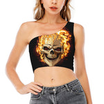 Burning Skull Print One Shoulder Crop Top