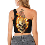 Burning Skull Print One Shoulder Crop Top
