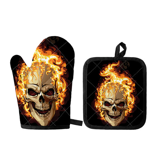 Burning Skull Print Oven Mitt And Pot Holder Set
