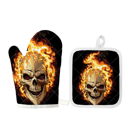 Burning Skull Print Oven Mitt And Pot Holder Set