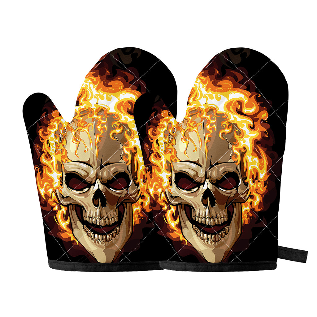 Burning Skull Print Oven Mitts