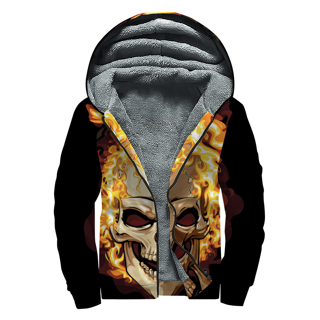 Burning Skull Print Sherpa Lined Zip Up Hoodie