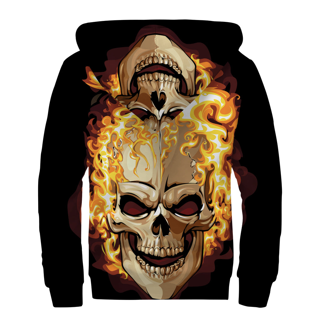 Burning Skull Print Sherpa Lined Zip Up Hoodie