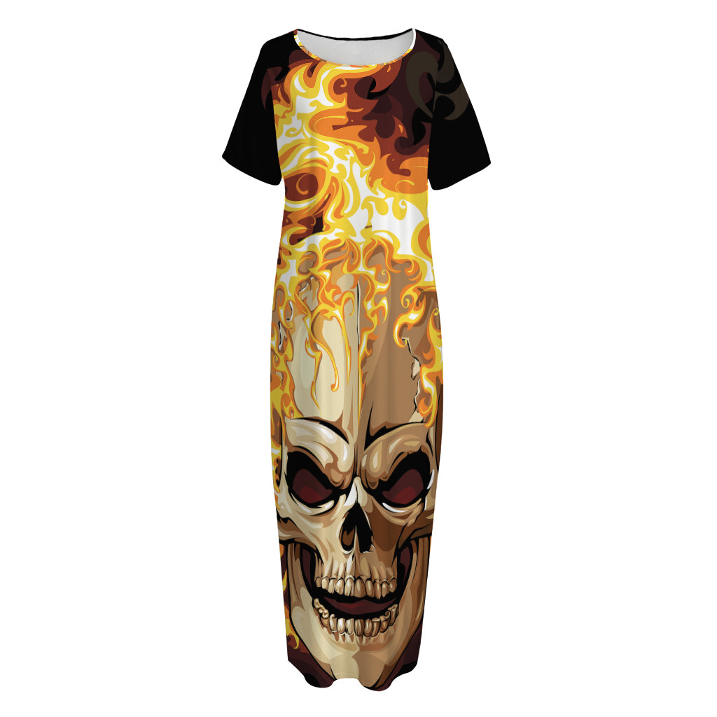 Burning Skull Print Short Sleeve Long Nightdress