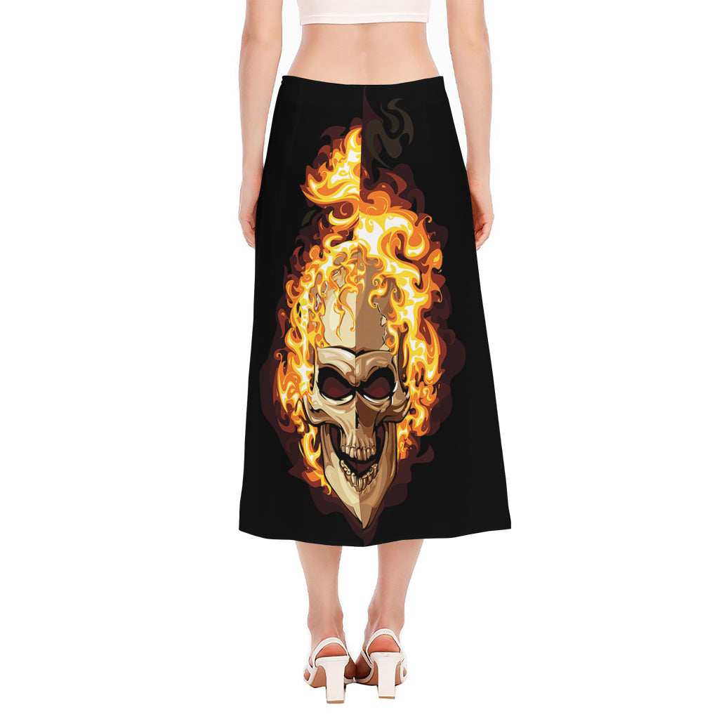 Burning Skull Print Side Slit Midi Skirt