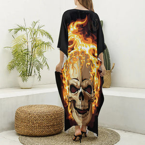 Burning Skull Print Silk V-Neck Kaftan Dress