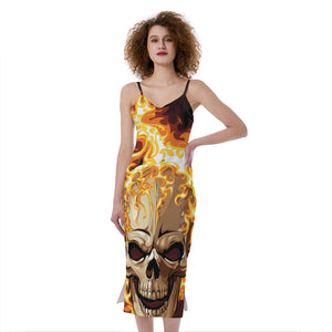 Burning Skull Print Slim Fit Midi Cami Dress