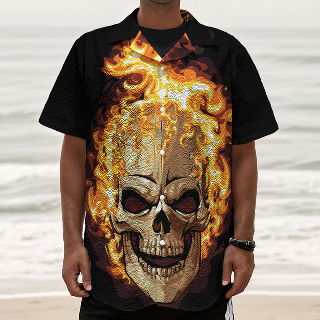 Burning Skull Print Textured Short Sleeve Shirt