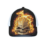 Burning Skull Print White Mesh Trucker Cap