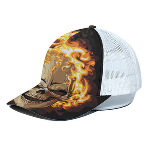 Burning Skull Print White Mesh Trucker Cap