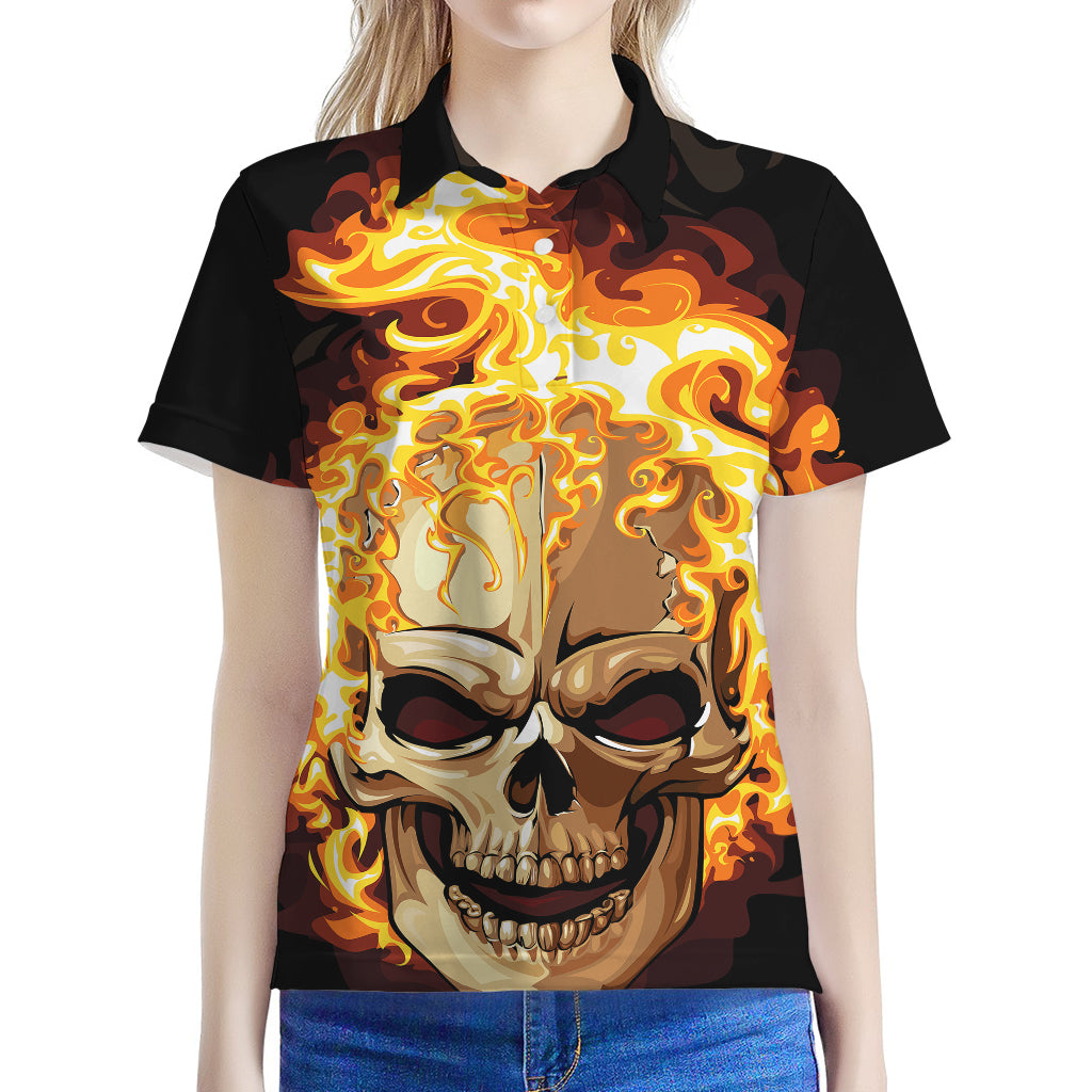 Burning Skull Print Women's Polo Shirt