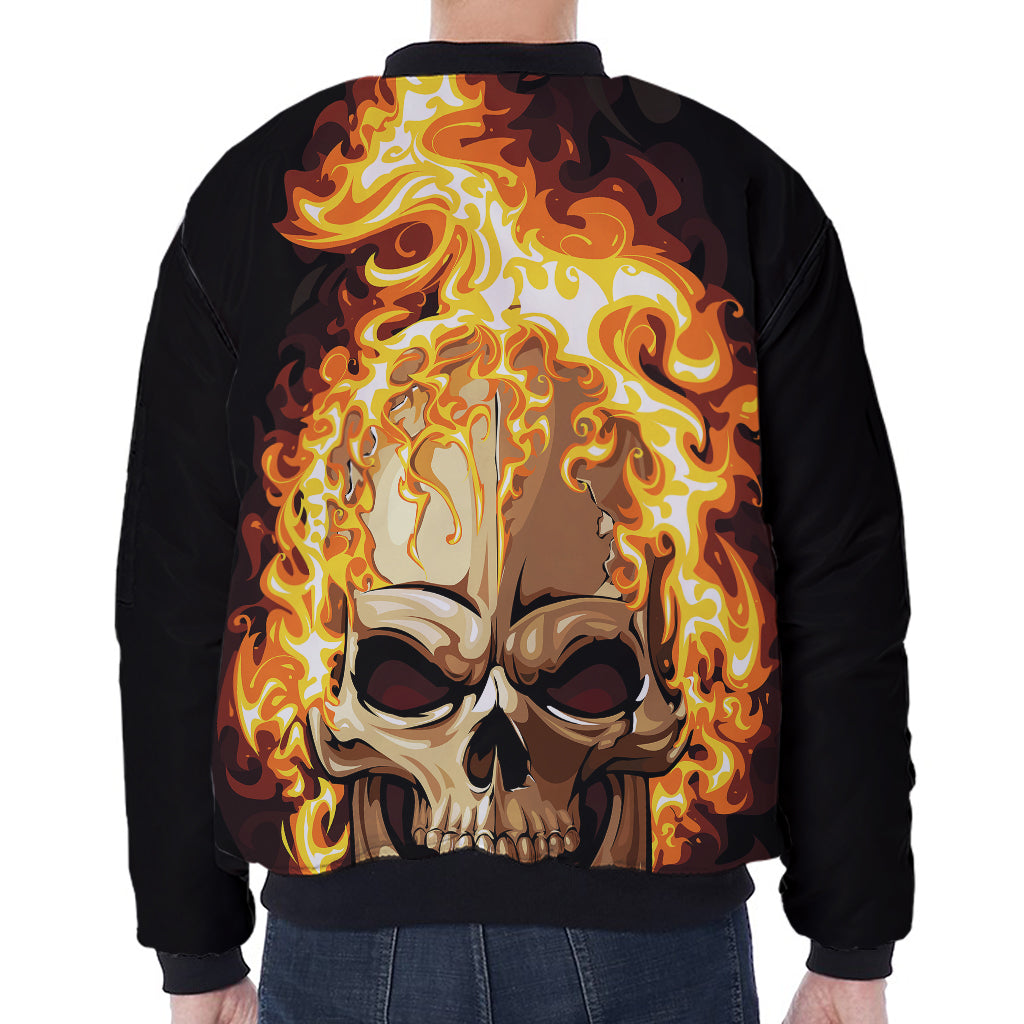 Burning Skull Print Zip Sleeve Bomber Jacket