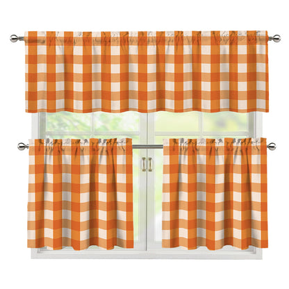 Burnt Orange And White Check Print 3 Piece Kitchen Curtains