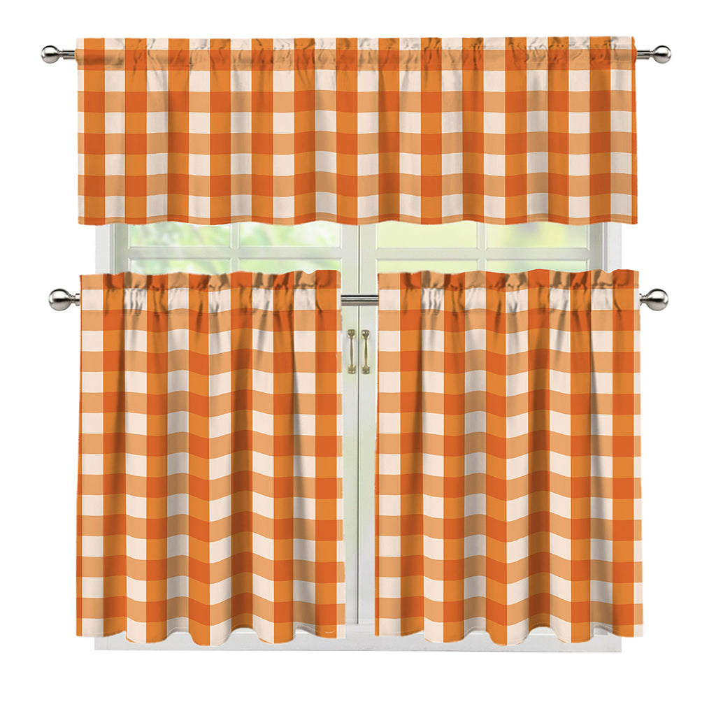 Burnt Orange And White Check Print 3 Piece Kitchen Curtains