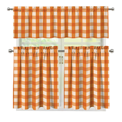 Burnt Orange And White Check Print 3 Piece Kitchen Curtains