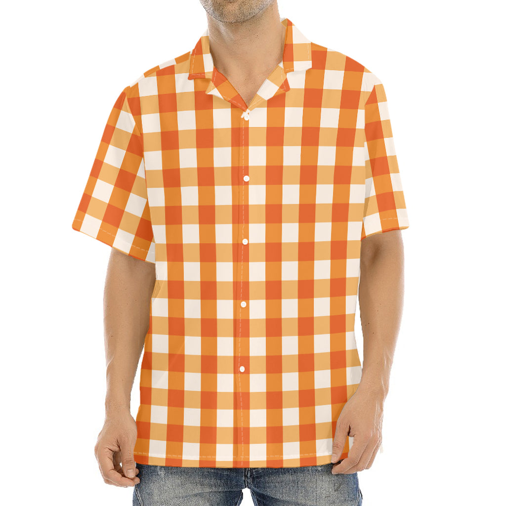 Burnt Orange And White Check Print Aloha Shirt