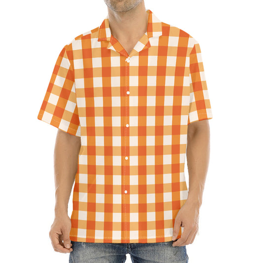 Burnt Orange And White Check Print Aloha Shirt