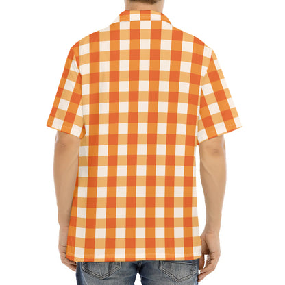 Burnt Orange And White Check Print Aloha Shirt