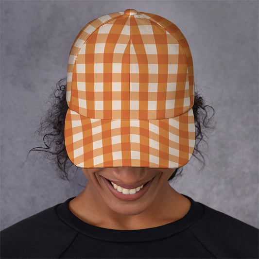 Burnt Orange And White Check Print Baseball Cap