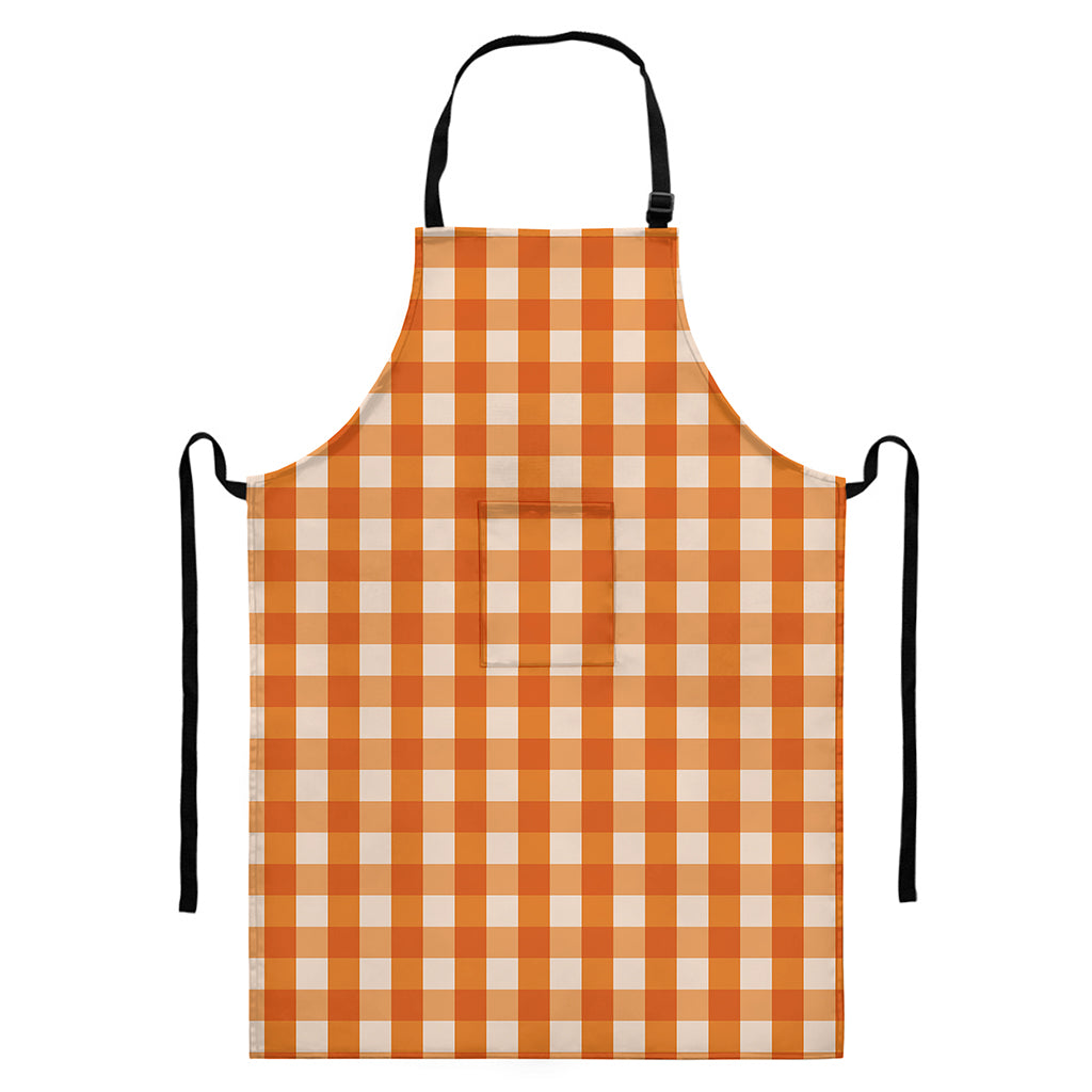 Burnt Orange And White Check Print Bib Apron With Pocket